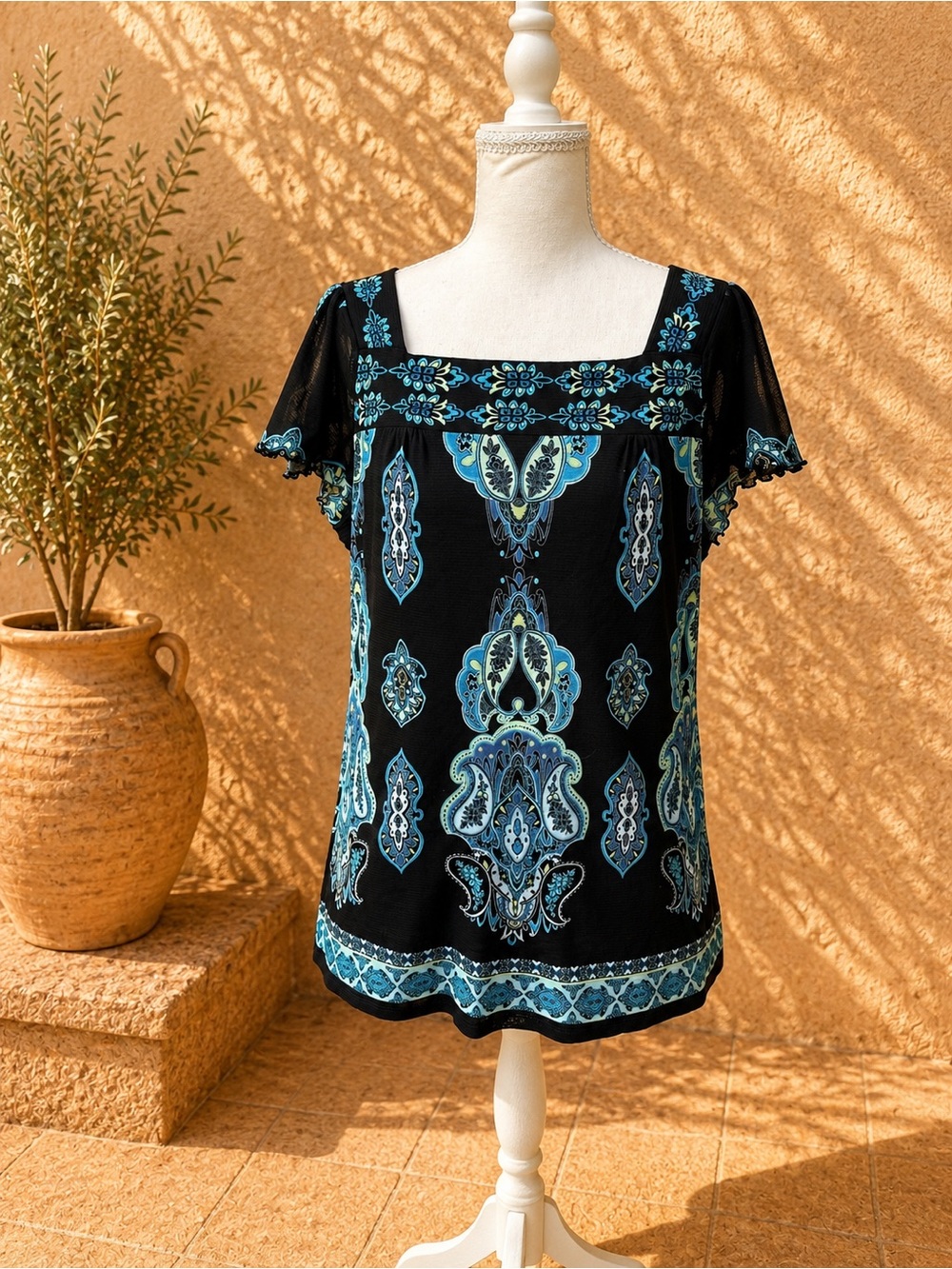 Blue & Black Paisley Print Blouse